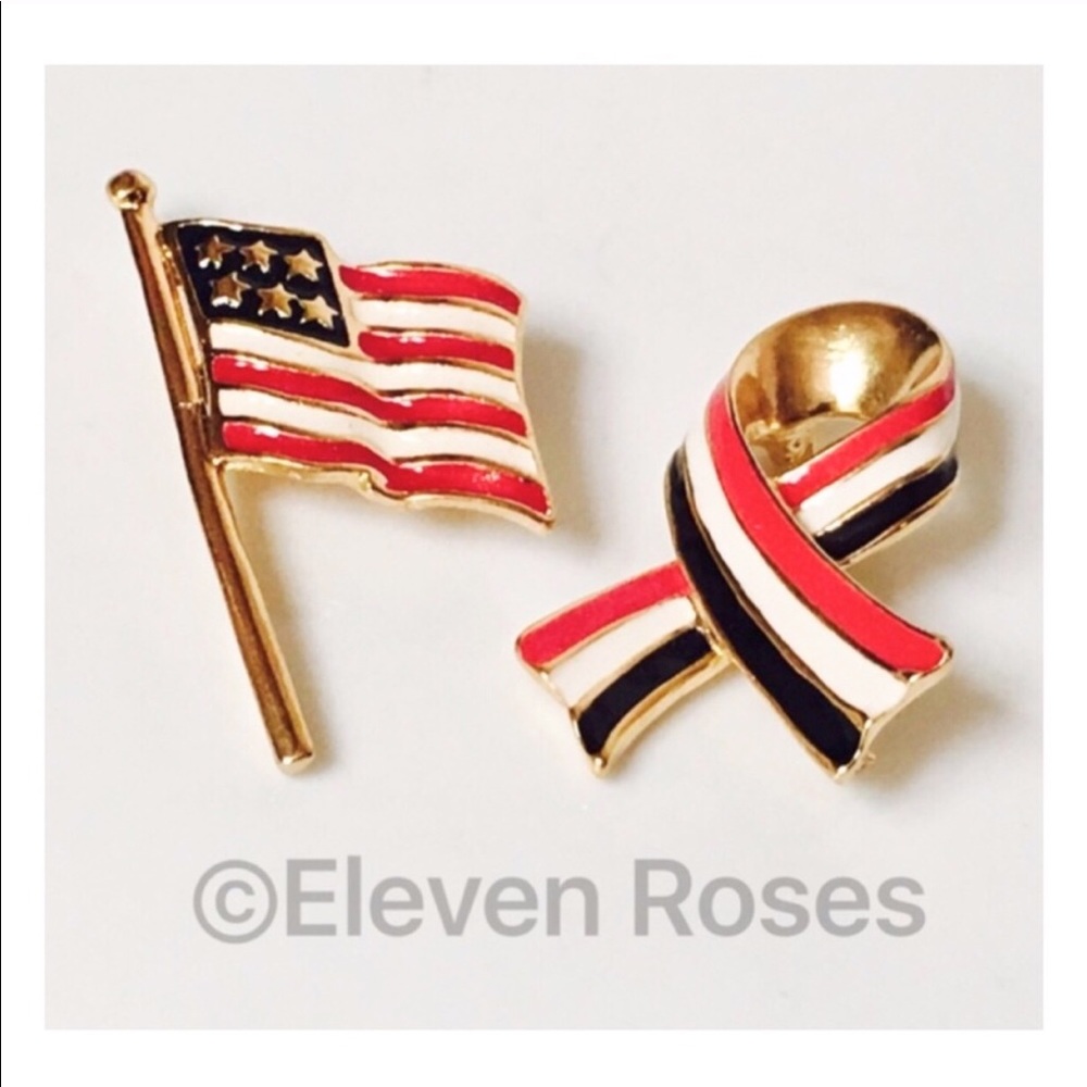 USA Patriotic American Flag & Ribbon Pin Set